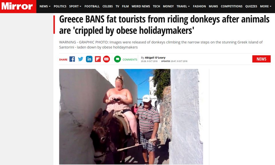 Η απόφαση απαγορεύει στους υπέρβαρους τουρίστες να καβαλάνε τα γαϊρουράκια στη Σαντορίνη.