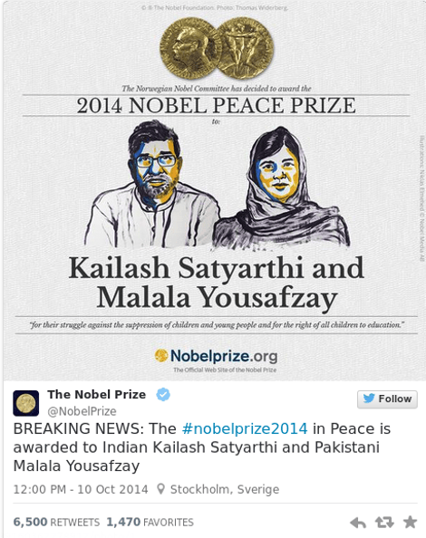 Στη 17χρονη από το Πακιστάν Malala Yousafzai και τον Ινδό ακτιβιστή Kailash Satyarthi το Νόμπελ Ειρήνης 2014 | iefimerida.gr 0