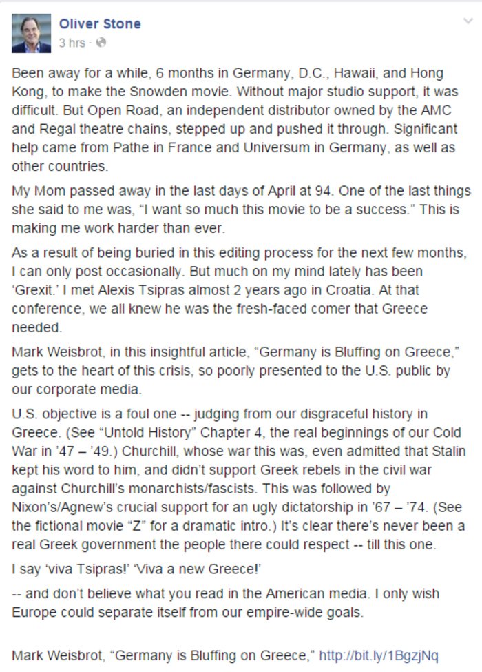 «Viva Tsipas, Viva New Greece!» αναφωνεί ο Ολιβερ Στόουν στο Facebook [εικόνες] | iefimerida.gr 1