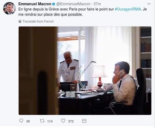 Ο Μακρόν αγωνιά: Ανέβασε φωτογραφία για να καθησυχάσει τους Γάλλους ότι ασχολείται με τον τυφώνα Ιρμα [εικόνα] | iefimerida.gr 0