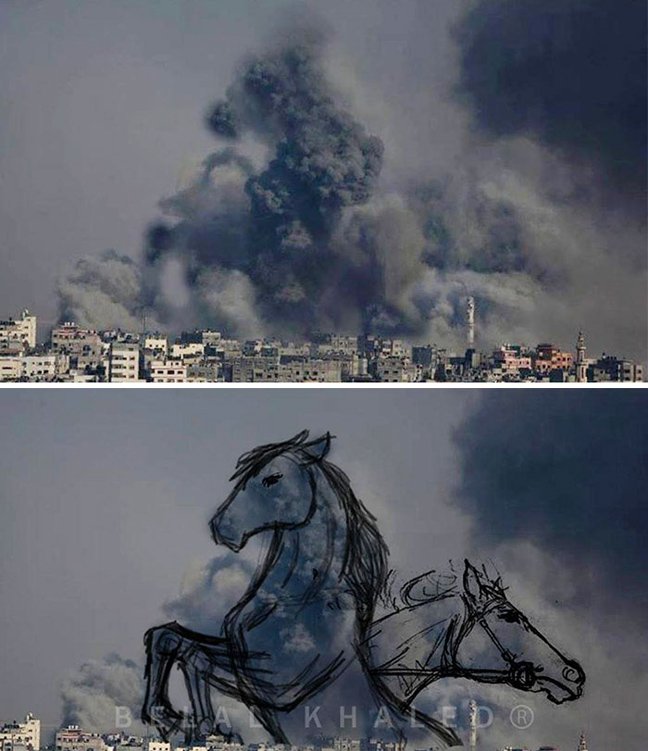 Οργισμένοι Παλαιστίνιοι μετατρέπουν τον πόλεμο σε τέχνη: Οταν ο καπνός πάνω από τη Γάζα αποκτά πρόσωπο [εικόνες] | iefimerida.gr 7