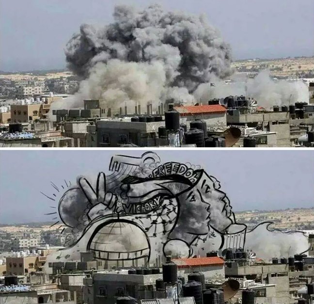 Οργισμένοι Παλαιστίνιοι μετατρέπουν τον πόλεμο σε τέχνη: Οταν ο καπνός πάνω από τη Γάζα αποκτά πρόσωπο [εικόνες] | iefimerida.gr 2