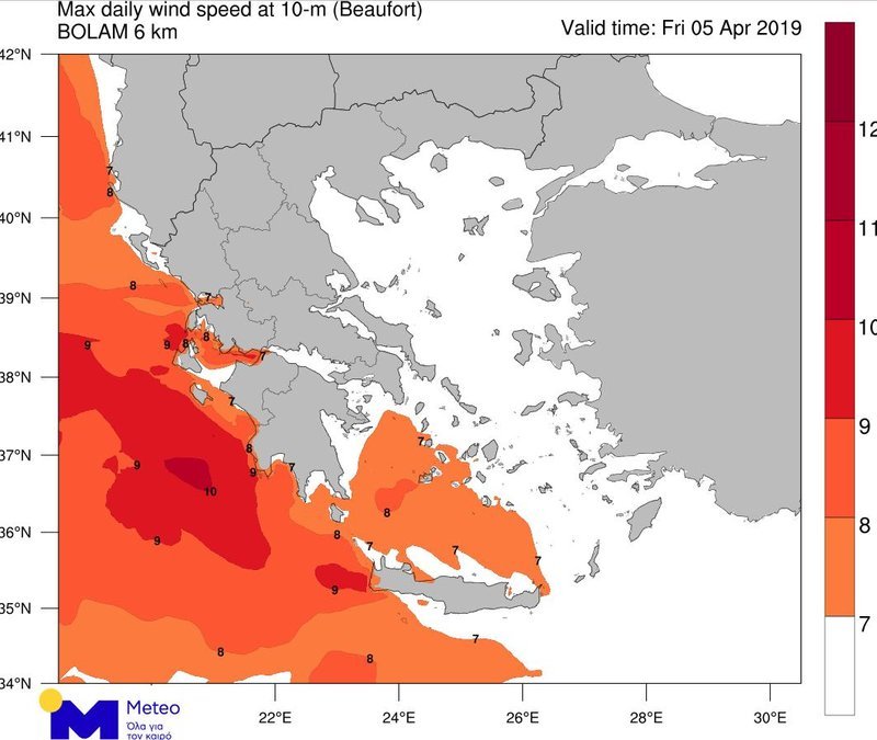 Η μέγιστη ισχύς των ανέμων την Παρασκευή / Πηγή: meteo.gr