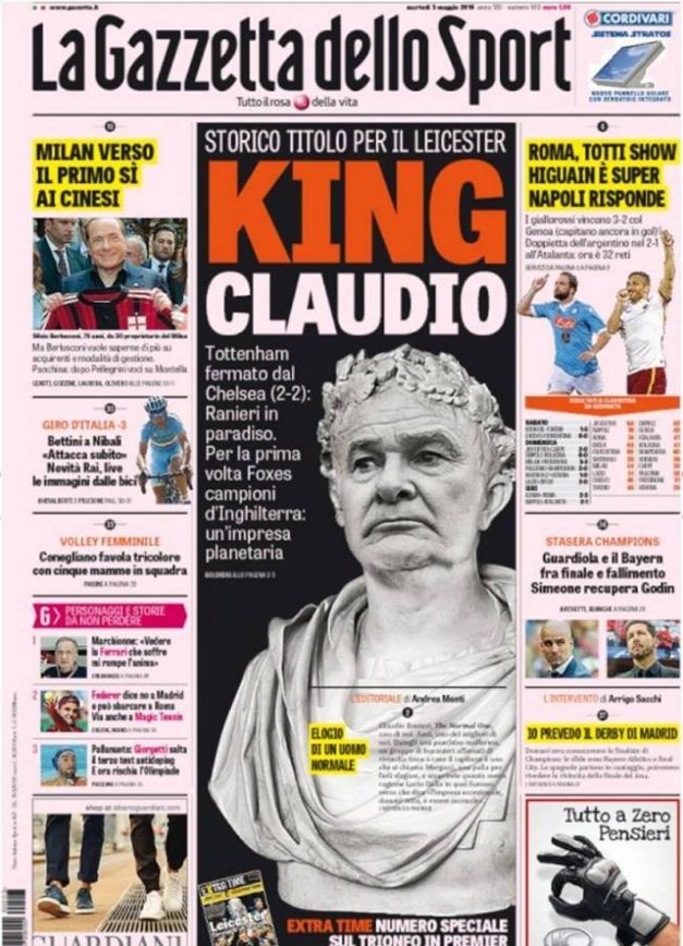 Υμνος της «Gazzetta dello Sport» για τον Ρανιέρι - «Βασιλιάς Κλαύδιος» [εικόνα] | iefimerida.gr 0