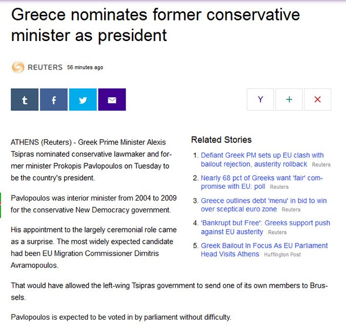 Πώς σχολίασαν τα διεθνή ΜΜΕ την υποψηφιότητα Παυλόπουλου: Εκπληξη και ποικίλα σχόλια [εικόνες] | iefimerida.gr 0