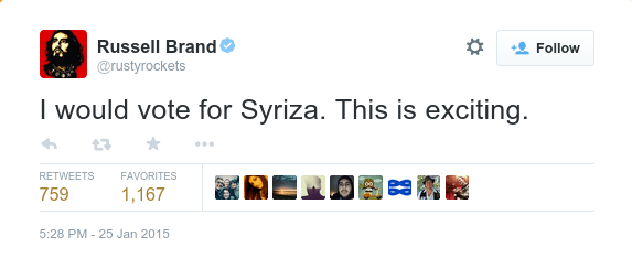 «Θα ψήφιζα ΣΥΡΙΖΑ»: Τα απανωτά tweets του Ράσελ Μπραντ για τις εκλογές [εικόνες] | iefimerida.gr 0