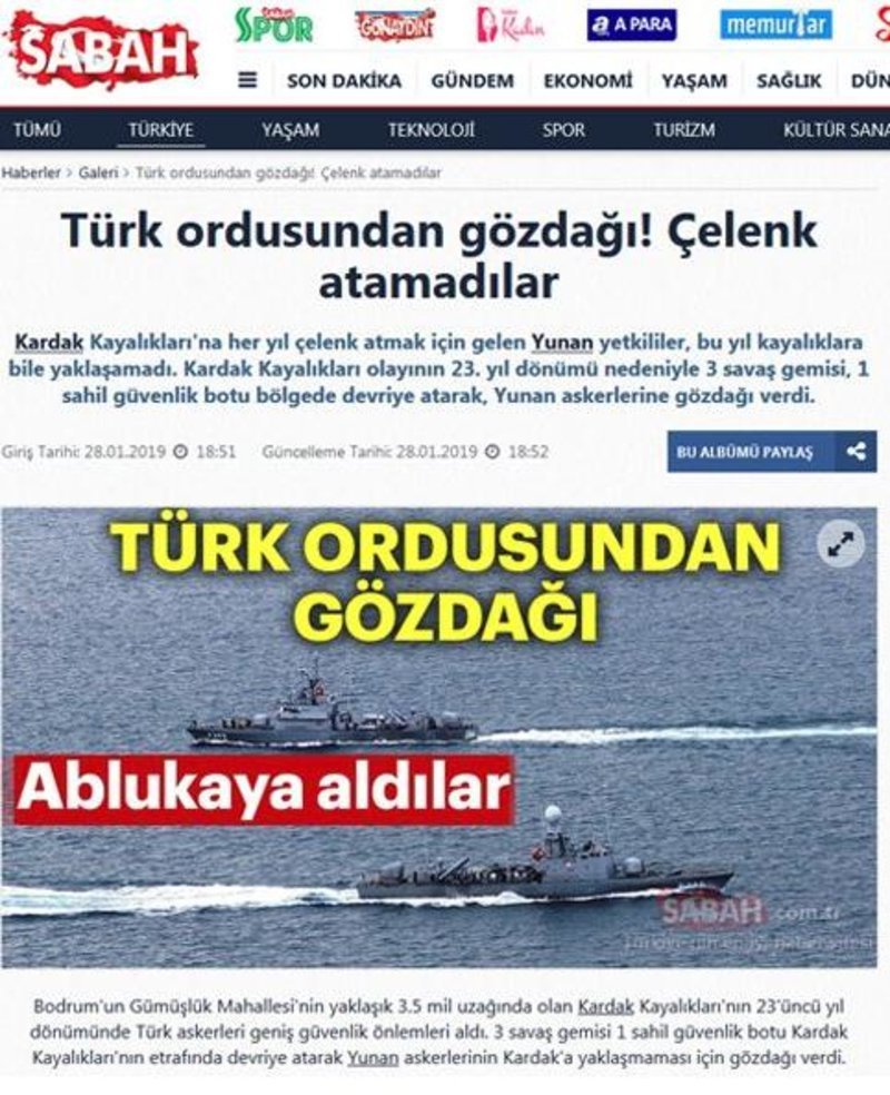 Η Sabah είχε ως κύριο θέμα τις εξελίξεις στα Ιμια / Φωτογραφία: Sabah