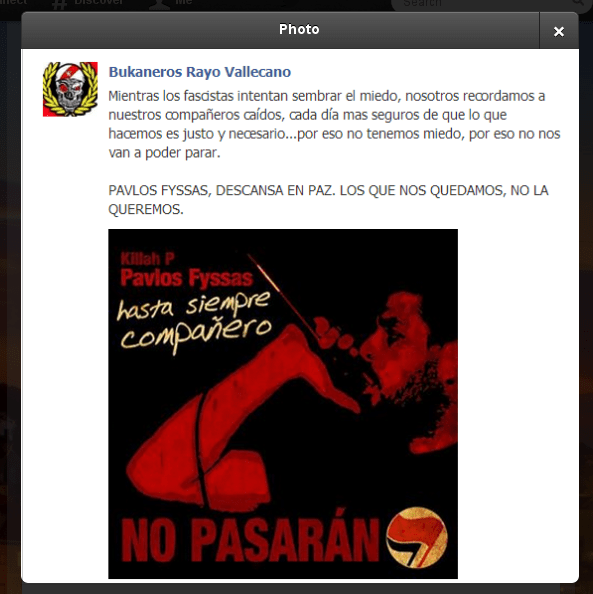 «Αντίο σύντροφε» - Οργή από τον αριστερό σύνδεσμο φιλάθλων της ισπανικής Rayo Vallecano για το φόνο Φύσσα [εικόνα]  | iefimerida.gr 0