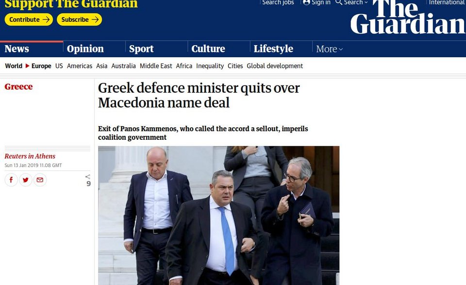 Διεθνή ΜΜΕ: Παραίτηση Καμμένου και κυβερνητική κρίση στην Ελλάδα λόγω της συμφωνίας των Πρεσπών | iefimerida.gr 0
