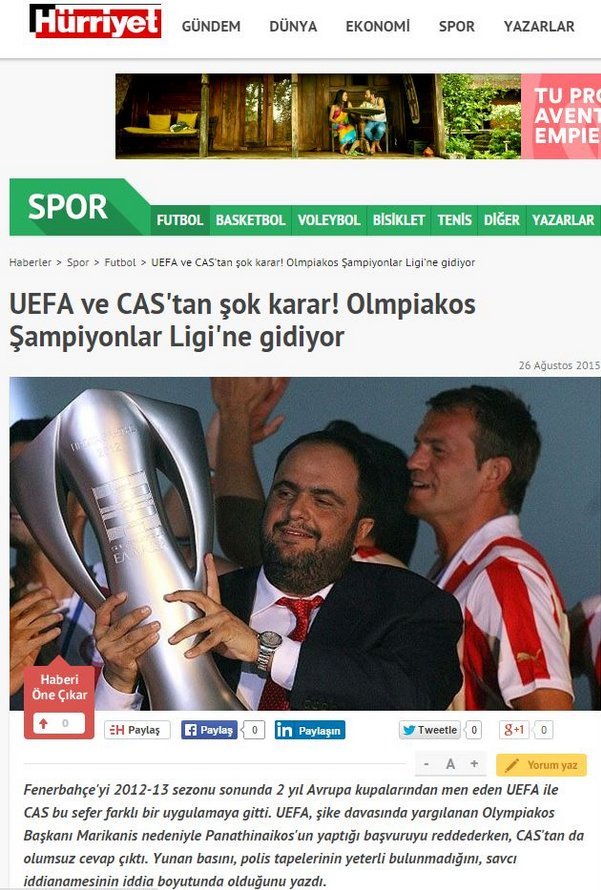 Τουρκία: Ο Τύπος της χώρας κατά UEFA και CAS για τη συμμετοχή του Ολυμπιακού στο Τσάμπιονς Λ. [εικόνα] | iefimerida.gr 0