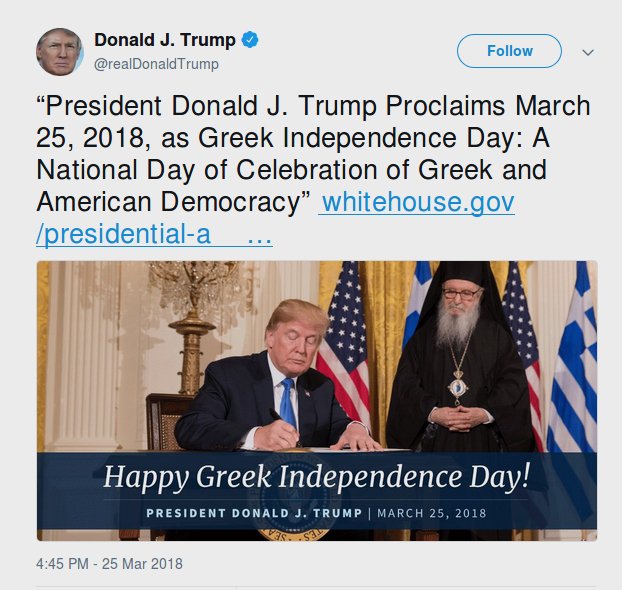 Tο μήνυμα του Τραμπ στο Twitter για την 25η Μαρτίου [εικόνα] | iefimerida.gr 0