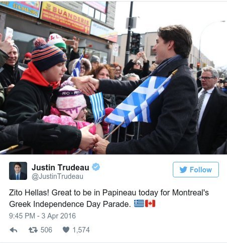 Ο πρωθυπουργός του Καναδά με την ελληνική σημαία: Zito Hellas [εικόνα] | iefimerida.gr 0