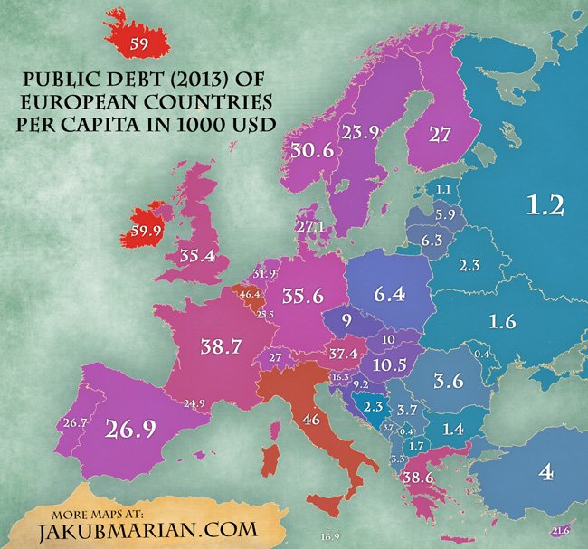 Ο χάρτης του δημόσιου χρέους -Πόσα οφείλει η κάθε χώρα, πόσα θα έπρεπε να πληρώσει ο κάθε Ευρωπαίος | iefimerida.gr 1