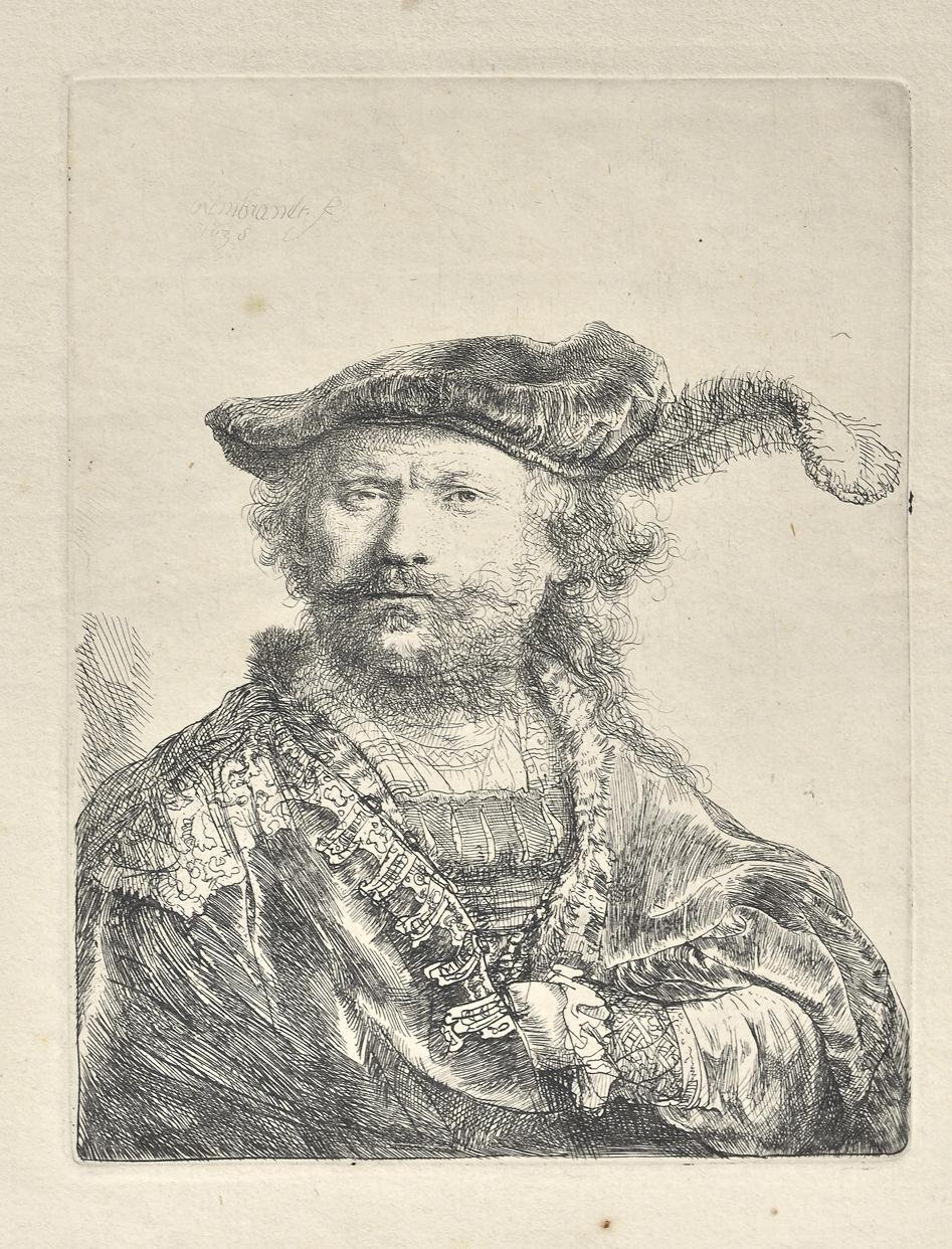 Rembrandt Harmensz. van Rijn (Ρέμπραντ Χάρμενσζ φαν Ρέιν, 1606-1669) Αυτοπροσωπογραφία με βελούδινο μπερέ με φτερό 1638Οξυγραφία, 13,5 x 10 εκ. / Εθνική Πινακοθήκη
