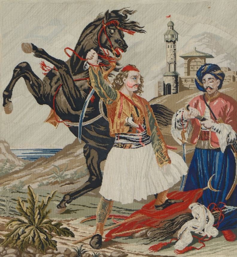  Κέντημα, περ. 1840 Φέρει την παράσταση: Η ήττα Gobelin, 50 εκ. x 46 εκ. © Συλλογή Θανάση και Μαρίνας Μαρτίνου&nbsp;