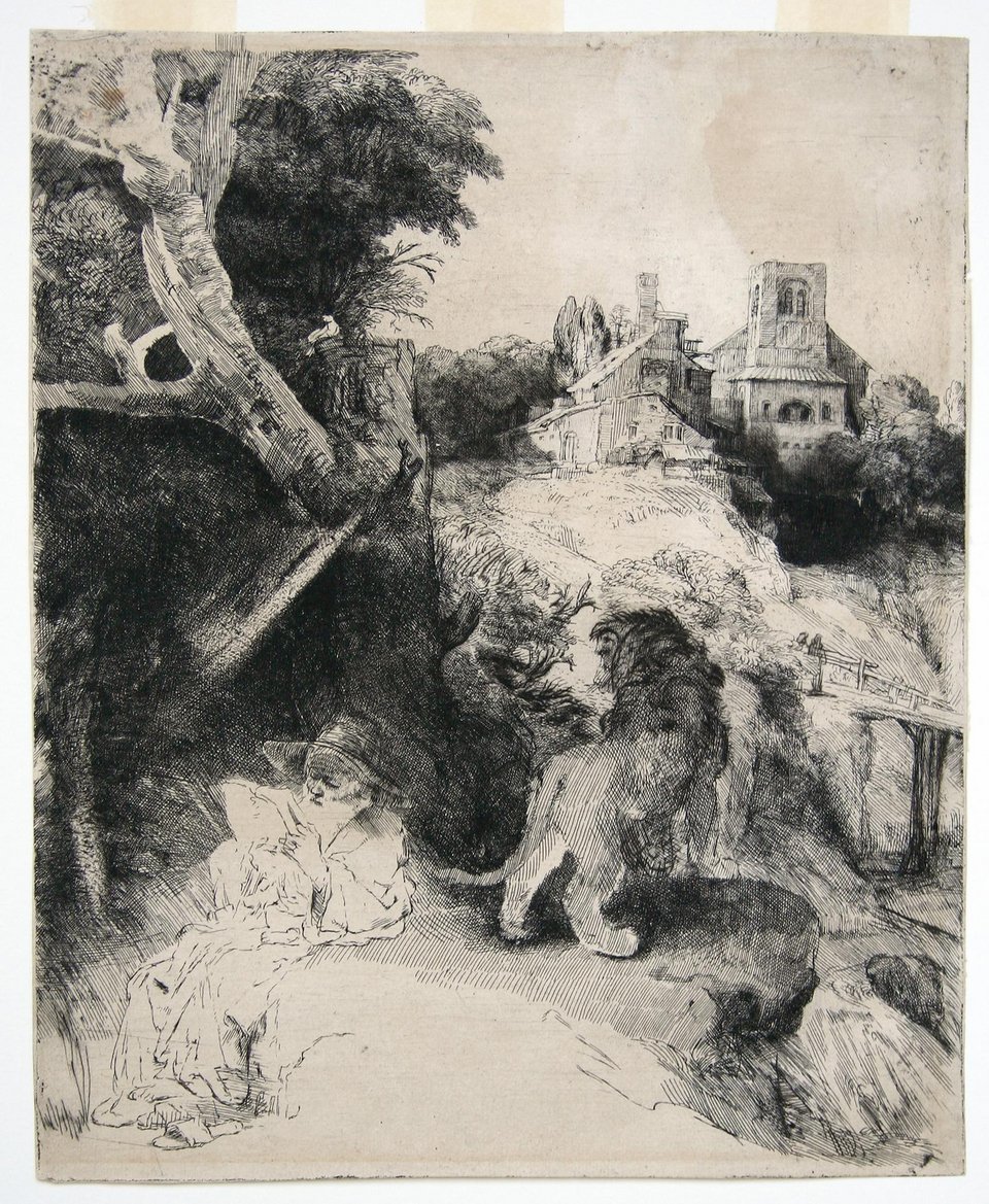 Rembrandt Harmensz. van Rijn (Ρέμπραντ Χάρμενσζ φαν Ρέιν, 1606-1669)Ο Άγιος Ιερώνυμος διαβάζει σε ιταλικό τοπίοπ. 1653Οξυγραφία, χάραξη με καλέμι και βελόνα, 26,2 x 21,4 εκ. / Εθνική Πινακοθήκη
