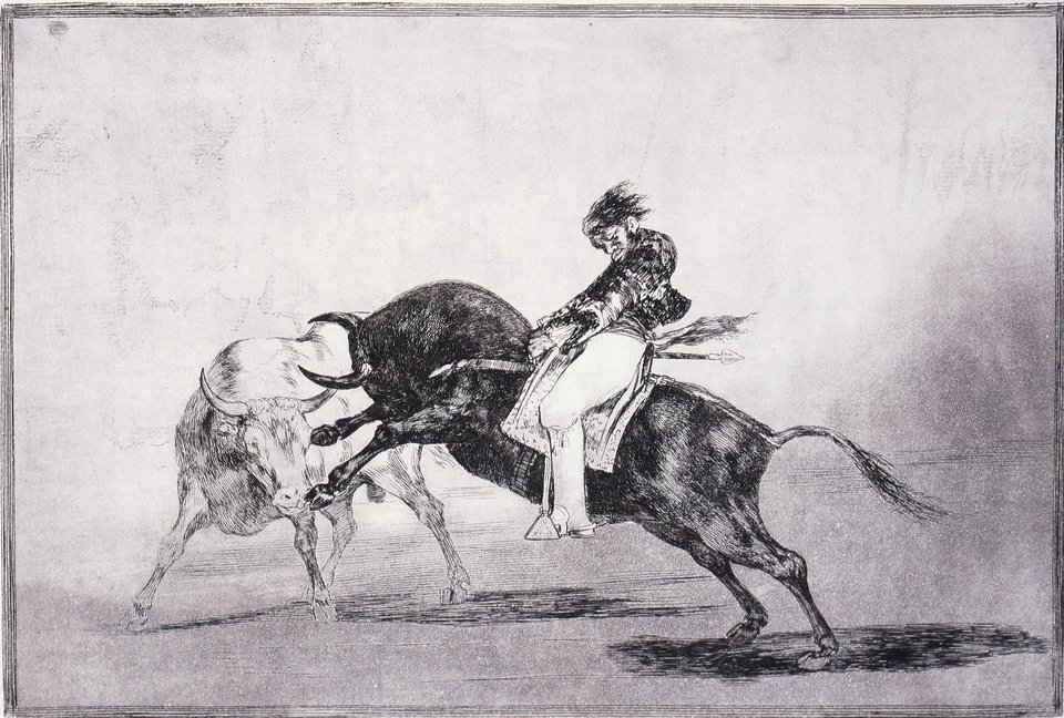 Goya y Lucientes Francisco (Γκόγια υ Λουθιέντες Φρανθίσκο, 1746-1828) Ο ίδιος Θεμπάγιος, καβάλα σε ταύρο, αποτελειώνει άλλον με δόρυ, στην αρένα της Μαδρίτης 1855Οξυγραφία και ακουατίντα, 24,7 x 35,5 εκ / Εθνική Πινακοθήκη