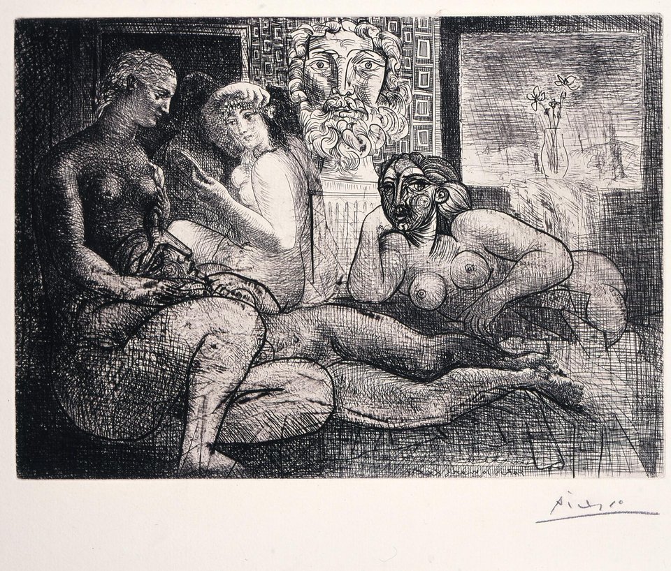 Picasso Pablo (Πικάσο Πάμπλο, 1881-1973) Τέσσερα γυναικεία γυμνά και γλυπτό κεφαλής 1934Οξυγραφία και χαλκογραφία, 34 x 45 εκ. / Εθνική Πινακοθήκη