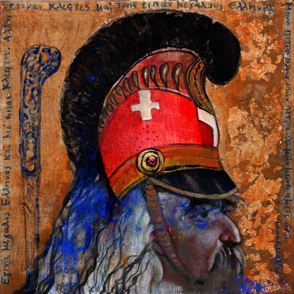 Μαρία Γιαννακάκη, Θεόδωρος Κολοκοτρώνης, 25x25 εκ. ξυλομπογιά, ακρυλικό και φύλλο χρυσού σε ξύλο, 2021