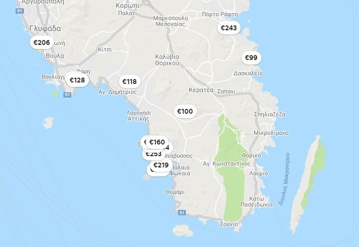 Τιμές για ακίνητα 6+ ατόμων στο παραλιακό μέτωπο της Αττικής το Πάσχα / Πηγή: Airbnb