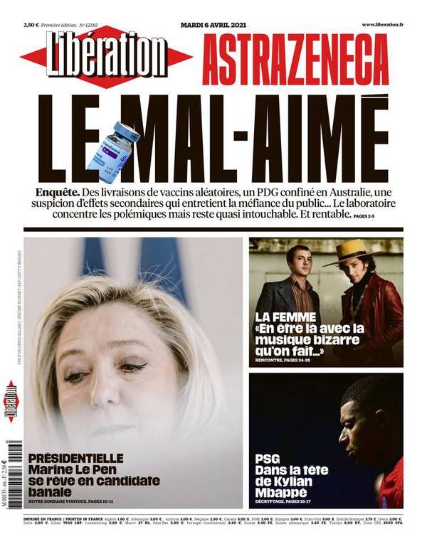 Το πρωτοσέλιδο της «Liberation» για το εμβόλιο της AstraZeneca