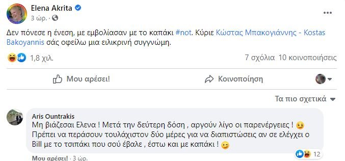 Η ανάρτηση της Έλενας Ακρίτα όπου ζητά συγνώμη από τον Κώστα Μπακογιάννη