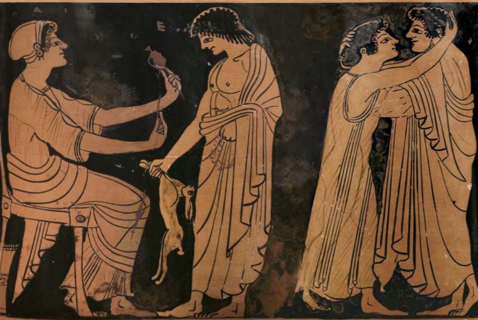  Ανάπτυγμα από ερυθρόμορφο αλάβαστρο με σκηνές ερωτευμένων νέων. 90 π.Χ. / Από την έκδοση Κεραμεικός του Ιδρύματος Ιωάννη Σ. Λάτση