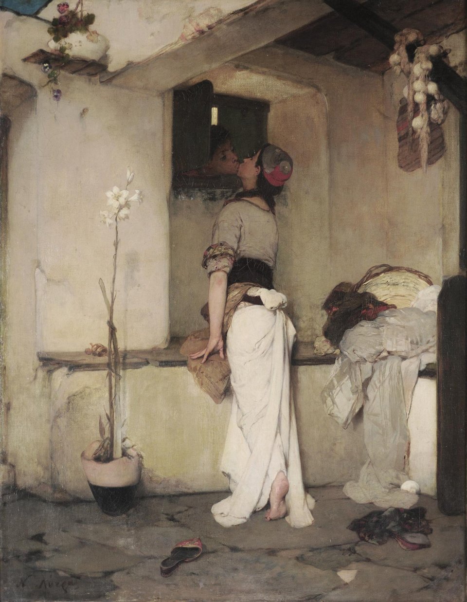  Το φίλημα, πριν το 1878. Λάδι σε μουσαμά, 79 x 69 εκ. Του Νικηφόρου Λύτρα. Εθνική Πινακοθήκη 