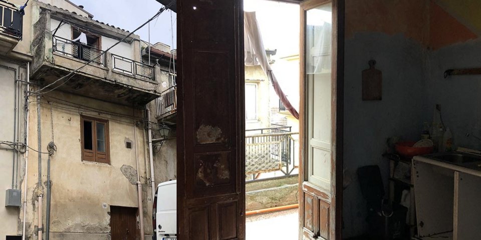 Εξωτερική και εσωτερική άποψη σπιτιού του ενός ευρώ στην Καμμαράτα