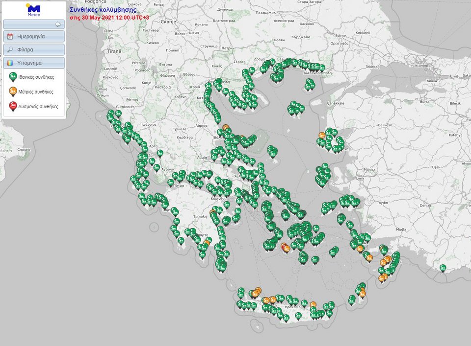 χάρτης με τις συνθήκες κολύμβησης για τις μεσημεριανές ώρες της Κυριακής