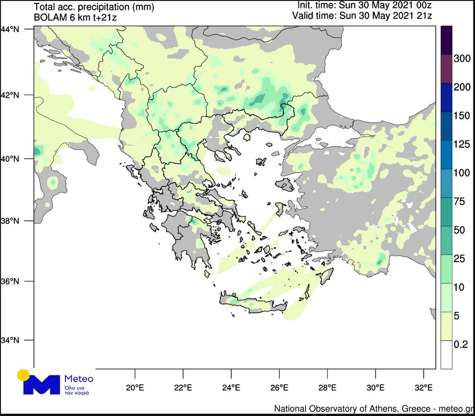 Τα εκτιμώμενα αθροιστικά ύψη βροχόπτωσης για την Κυριακή 30/05