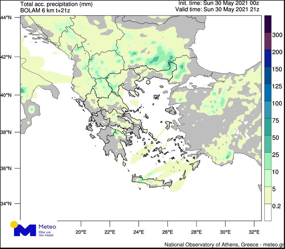 Τα εκτιμώμενα αθροιστικά ύψη βροχόπτωσης για την Κυριακή 30/05