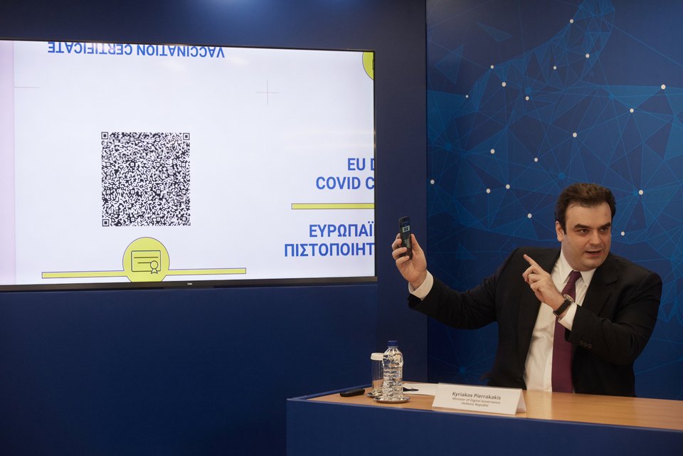 Ο υπουργός Ψηφιακής Διακυβέρνησης Κυριάκος Πιερρακάκης κατά την παρουσίαση του Ευρωπαϊκού Ψηφιακού Πιστοποιητικού / Φωτογραφία: EUROKINISSI