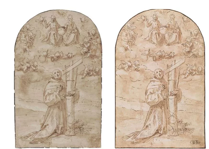 Aριστερά το σχέδιο που εκλάπη, δεξιά αυτό που βγήκε στον κατάλογο της δημοπρασίας το 2019