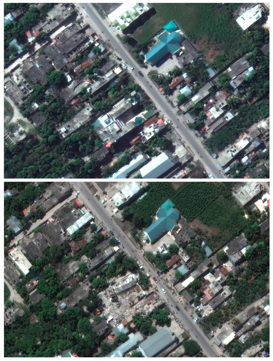 δορυφορική φωτογραφία καταγράφει το ξενοδοχείο  le manguier στο les cayes της αϊτήγς στις 24 ιανουαρίου 2020 και χθες κυριακή, μετά την κατάρρευσή του από τον σεισμό των 7,2 ρίχτερ 