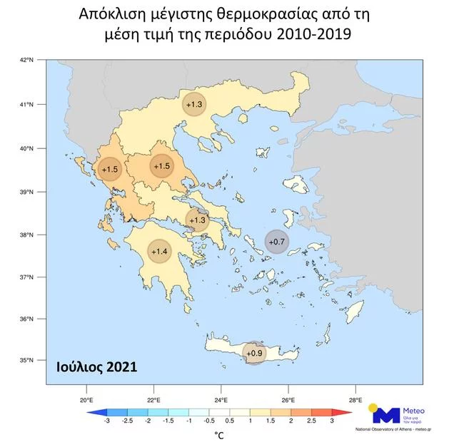 Χάρτης Meteo για θερμοκρασίες Ιουλίου 2021