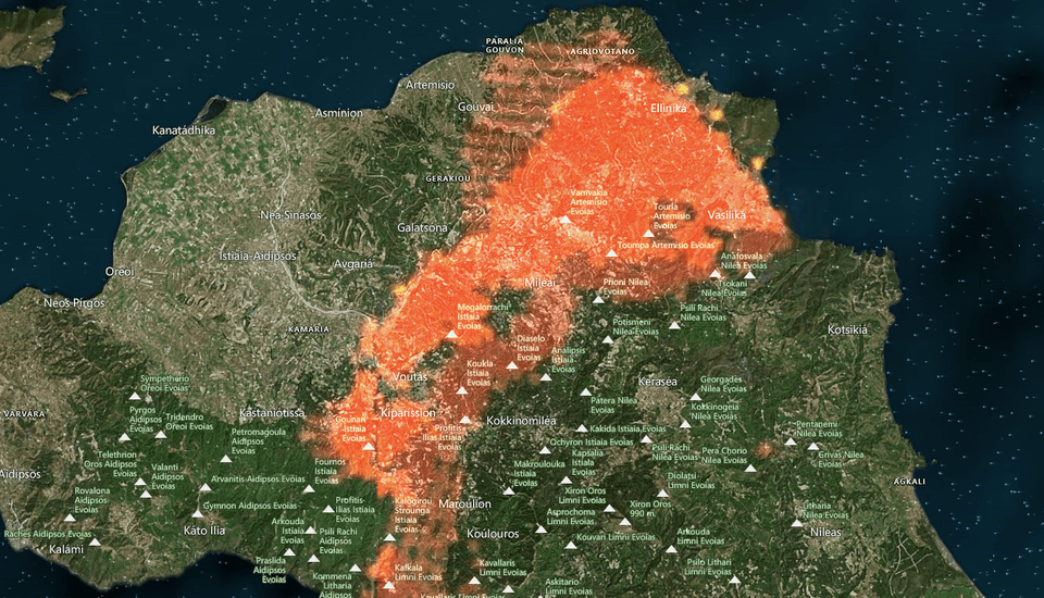 Η φωτιά στην Βόρεια Εύβοια από δορυφόρο