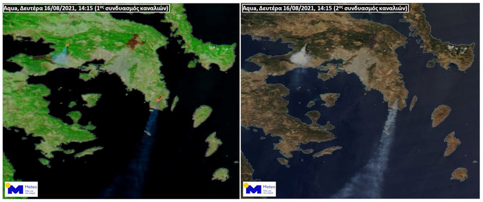 Δορυφορική απεικόνιση των δύο ενεργών πυρκαγιών στην Αττική και της καμένης έκτασης στη Βαρυμπόμπη