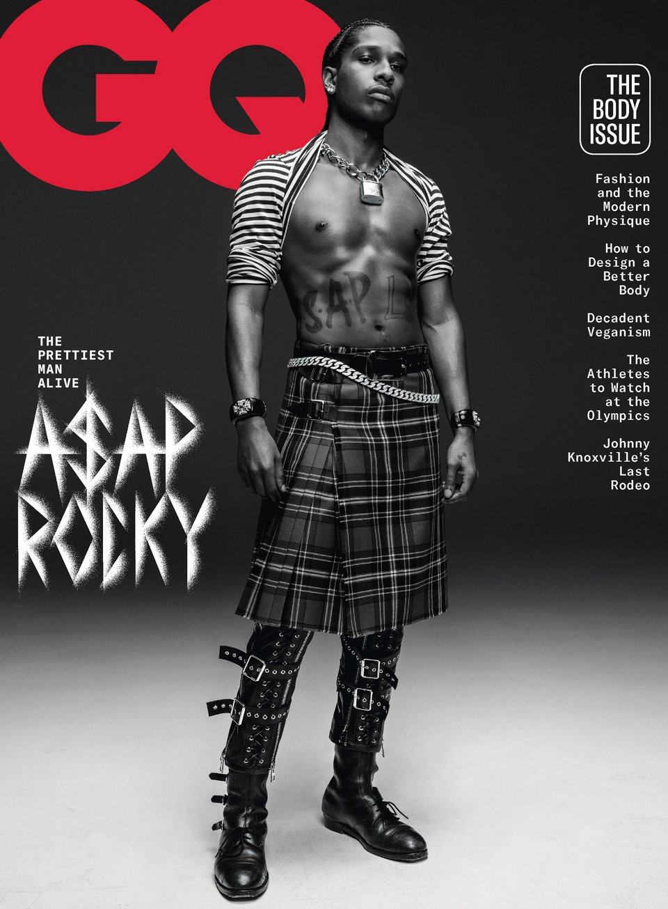 O ράπερ A$AP Rocky στο εξώφυλλο του ανδρικού περιοδικού GQ με φούστα τύπου κιλτ της Vivienne Westwood.