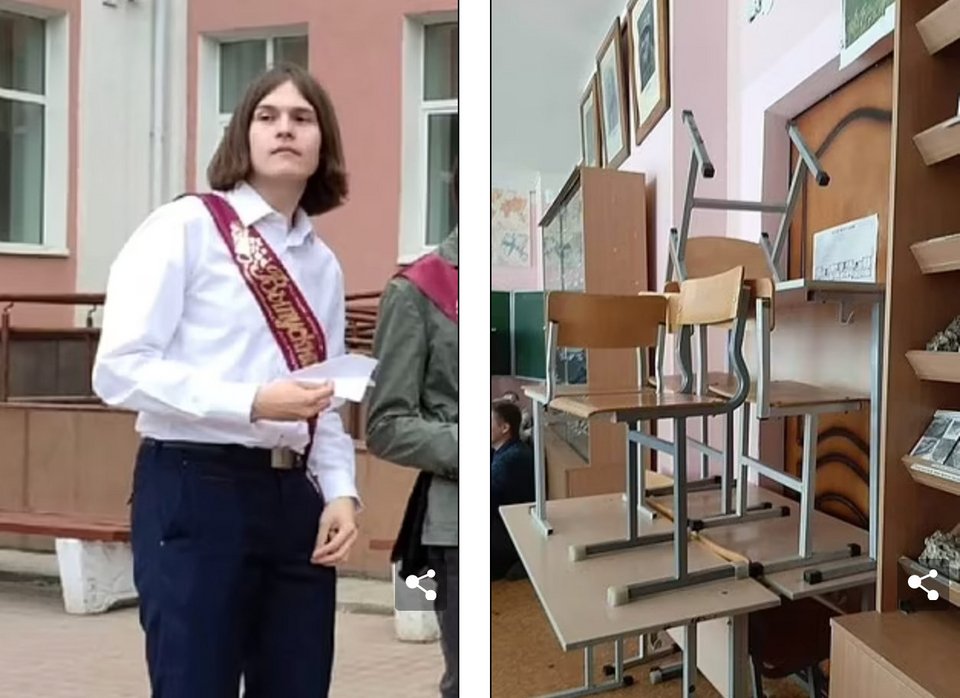 Ο δράστης του μακελειού αριστερά και δεξιά ένα τείχος που επιχείρησαν να στήσουν φοιτητές μέσα στο Πανεπιστήμιο για να γλιτώσουν από τον μακελάρη