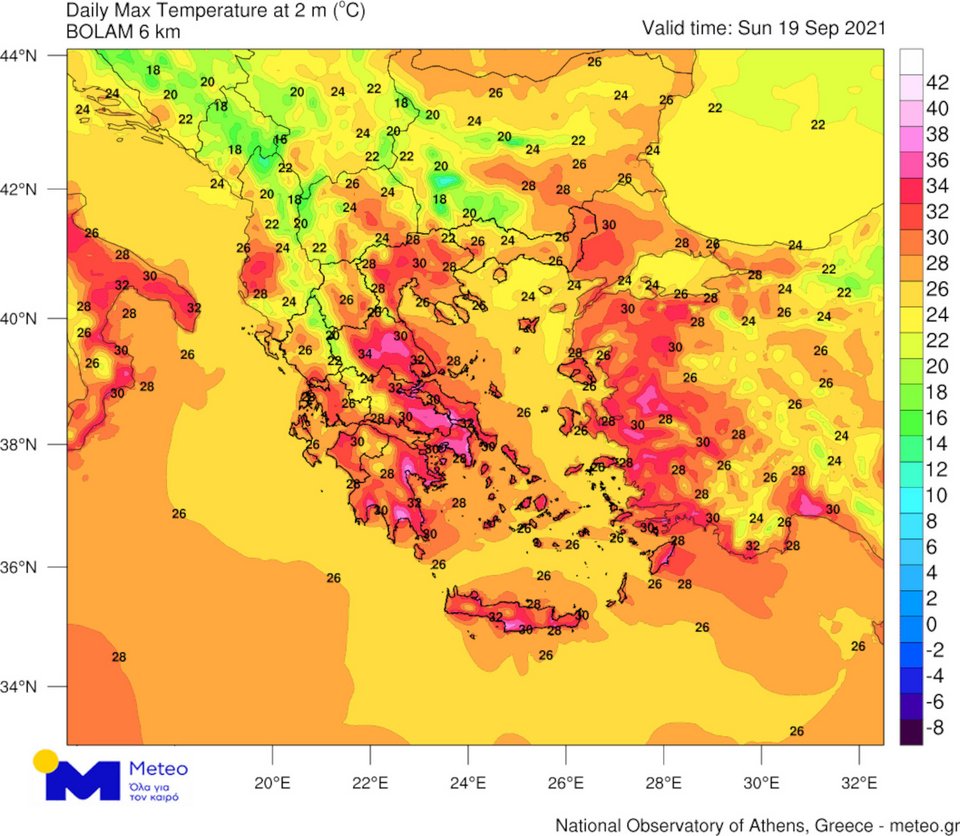 Μέγιστες θερμοκρασίες για την Κυριακή 19/09/2021 απο το προγνωστικό μοντέλο του Εθνικού Αστεροσκοπείου Αθηνών/meteo.gr.