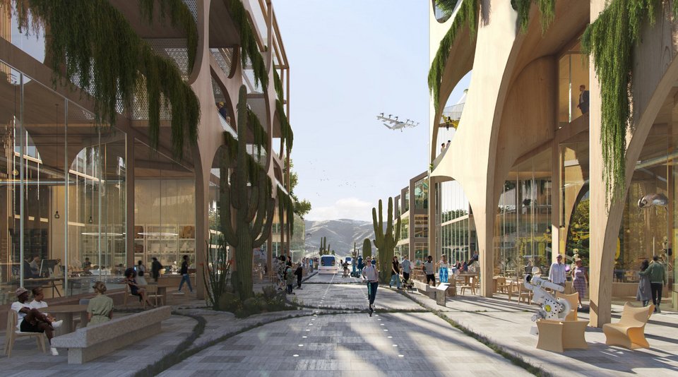 Aυτόνομα οχήματα απεικονίζονται να κινούνται σε ηλιόλουστους δρόμους δίπλα σε πεζούς στην ουτοπική πόλη Telosa