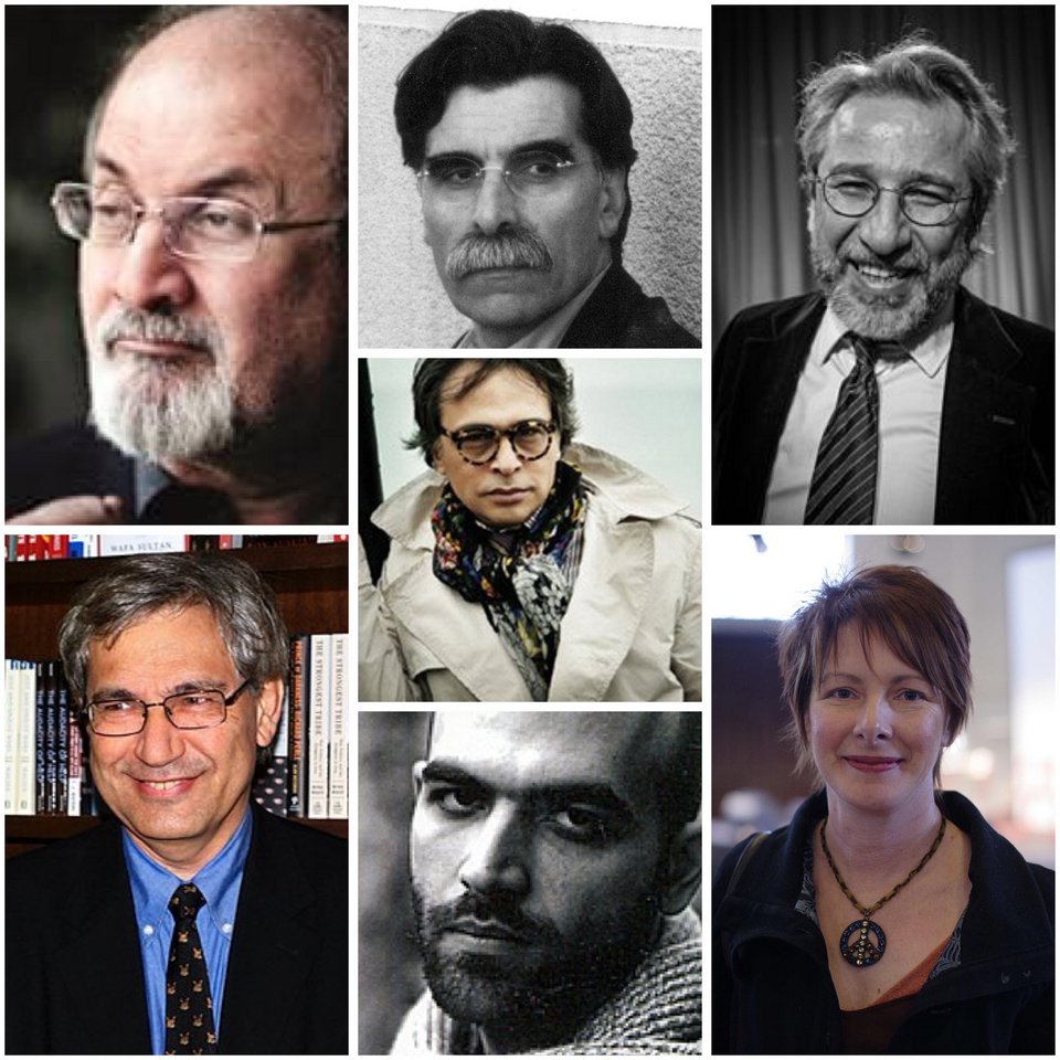 Αριστερά: Σάλμαν Ρούσντι, Ορχάν Παμούκ. Στη μέση: Καντέρ Αμπτολάχ, Μπάρμπαρος Σανσάλ, Ρομπέρτο Σαβιάνο. Δεξιά: Τζαν Ντουντάρ, Σέρι Τζόουνς. 