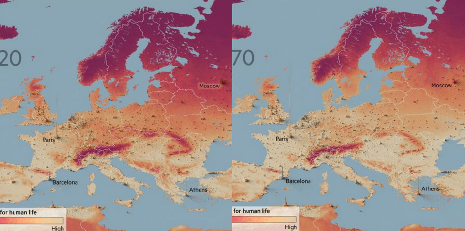 H Ευρώπη υπό το καλύτερο σενάριο το 2020 και το 2070 (Με κόκκινο οι λιγότερο κατάλληλες για διαβίωση περιοχές)