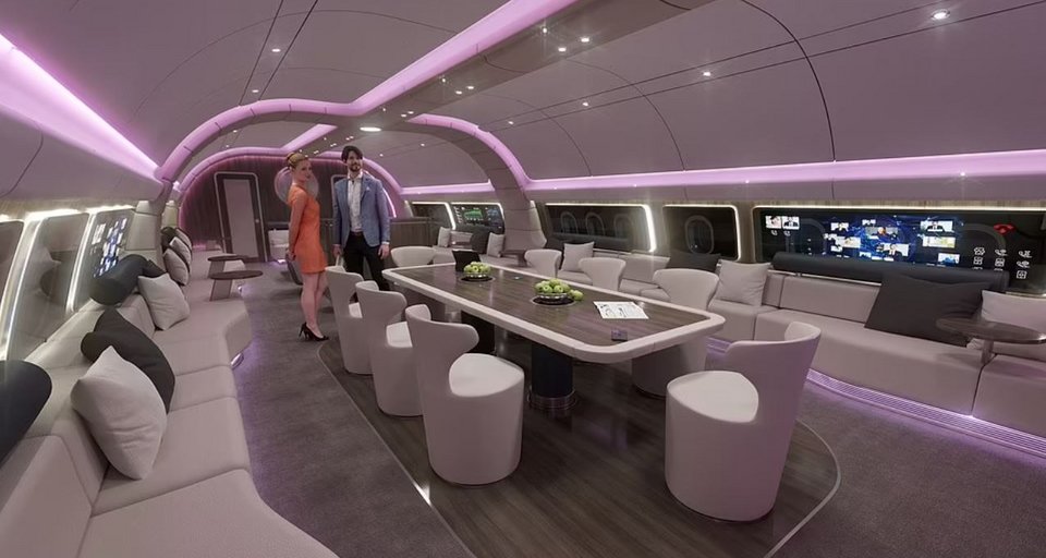 Το πολυλειτουργικό σαλόνι στο κέντρο του αεροσκάφους, έχει ένα σύστημα προβολής ενσωματωμένο στους τοίχους και τις οροφές