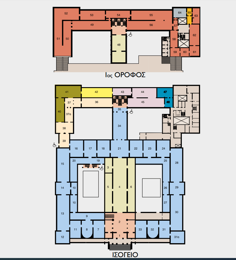 Κάτοψη του ισογείου και του πρώτου ορόφου. Μπορεί κανείς να εντοπίσει τους χώρους που θα γίνουν οι παρεμβάσεις.