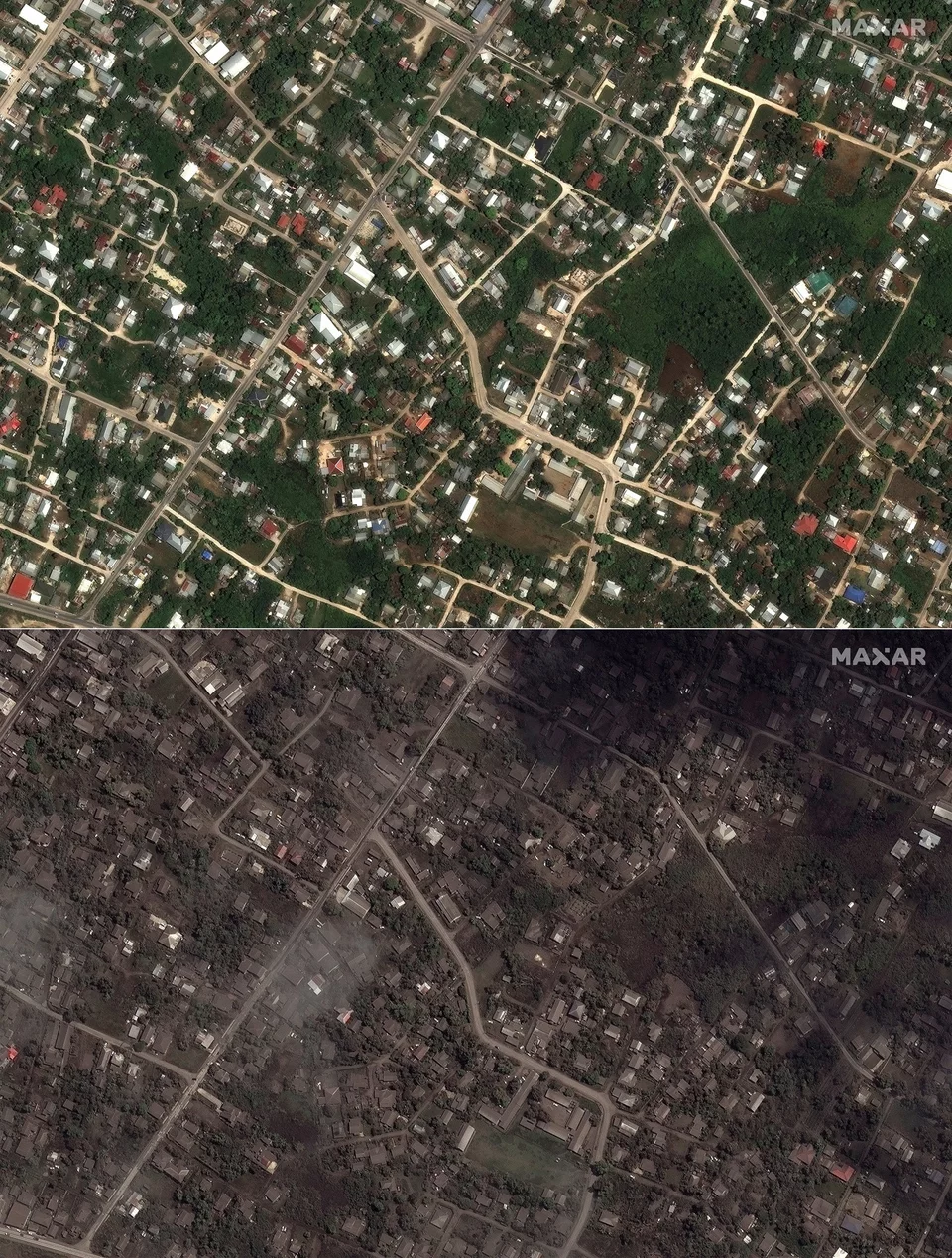 Κατοικίες και κτίρια στην Τόγκα στις 29 Δεκεμβρίου (πάνω) και στις 18 Ιανουαρίου 2022 (κάτω)