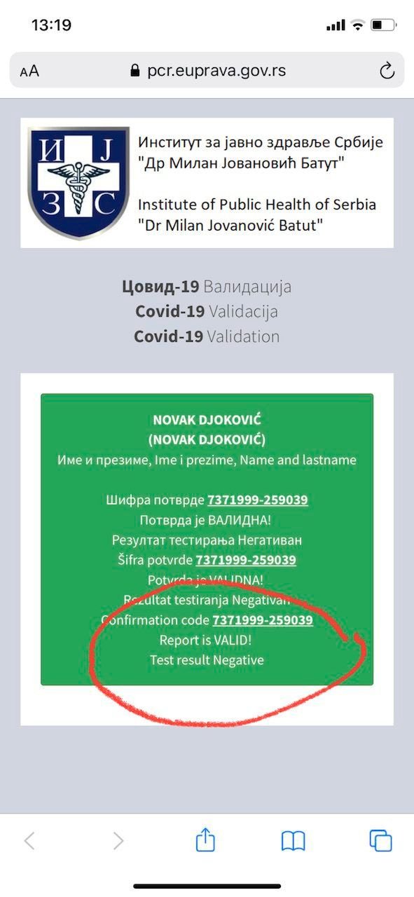 Το αρνητικό αποτέλεσμα του PCR τεστ του Τζόκοβιτς, σύμφωνα με το Spiegel