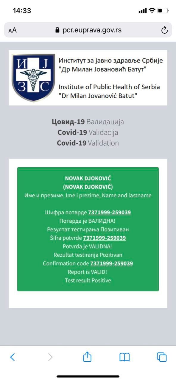 Το θετικό αποτέλεσμα του PCR τεστ του Τζόκοβιτς, σύμφωνα με το Spiegel