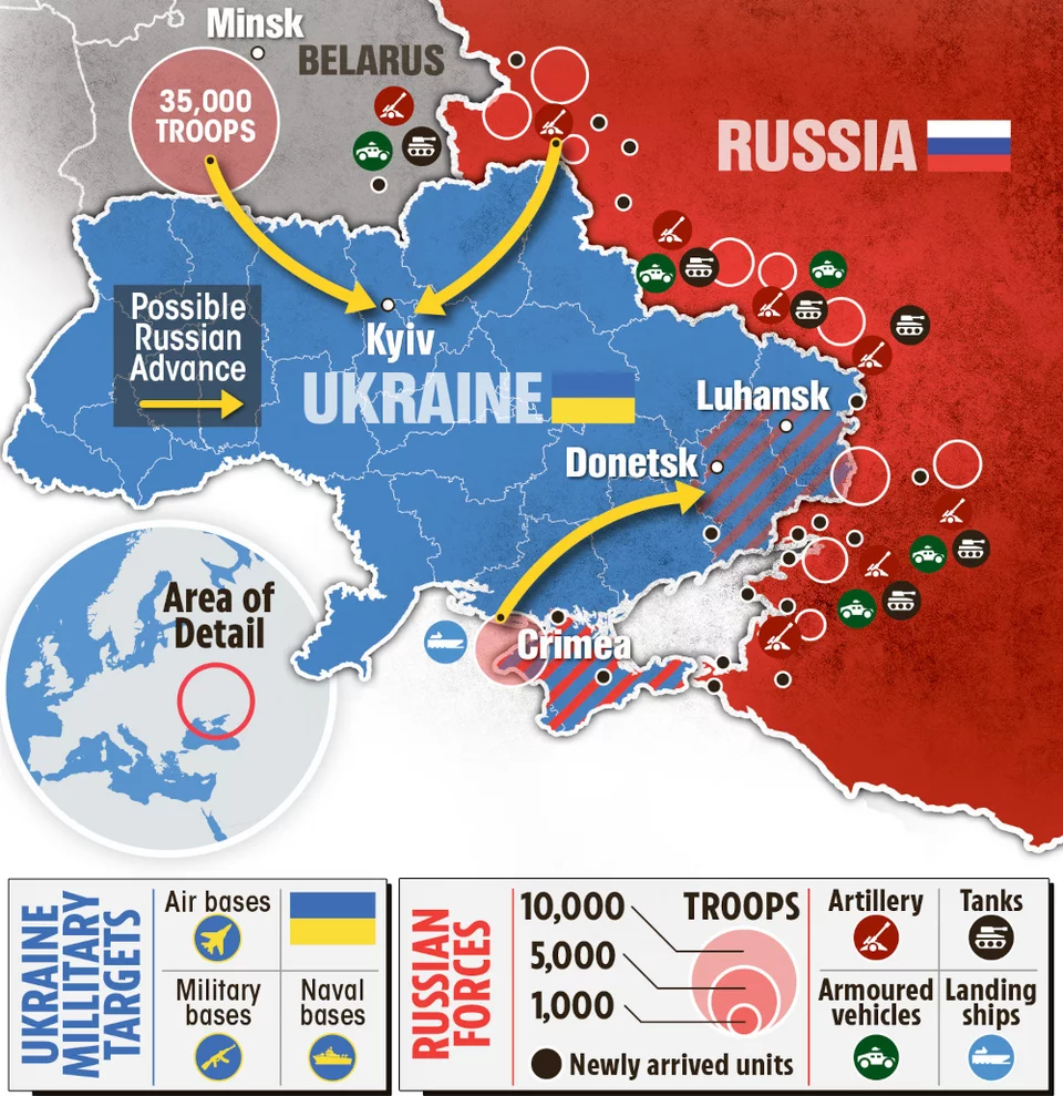 Χάρτης με τα σενάρια ρωσικής εισβολής με ταυτόχρονες επιθέσεις που επεξεργάστηκε η βρετανική εφημερίδα The Sun βάσει πληροφοριών δυτικών μυστικών υπηρεσιών 
